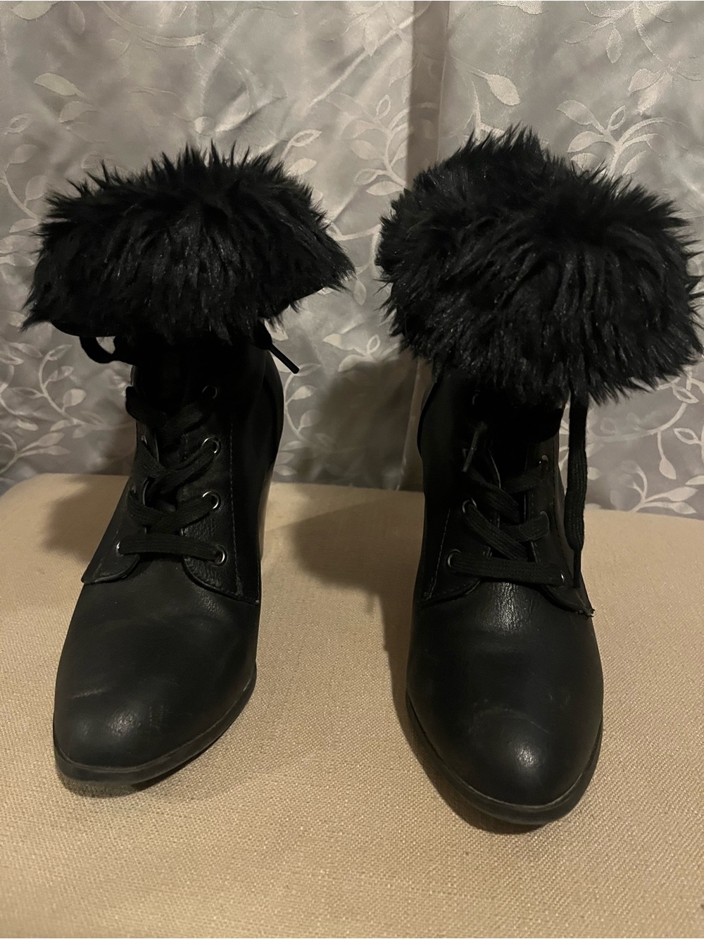Charlotte Russe Black Faux Fur Cuff Lace-Up Ankle Boots